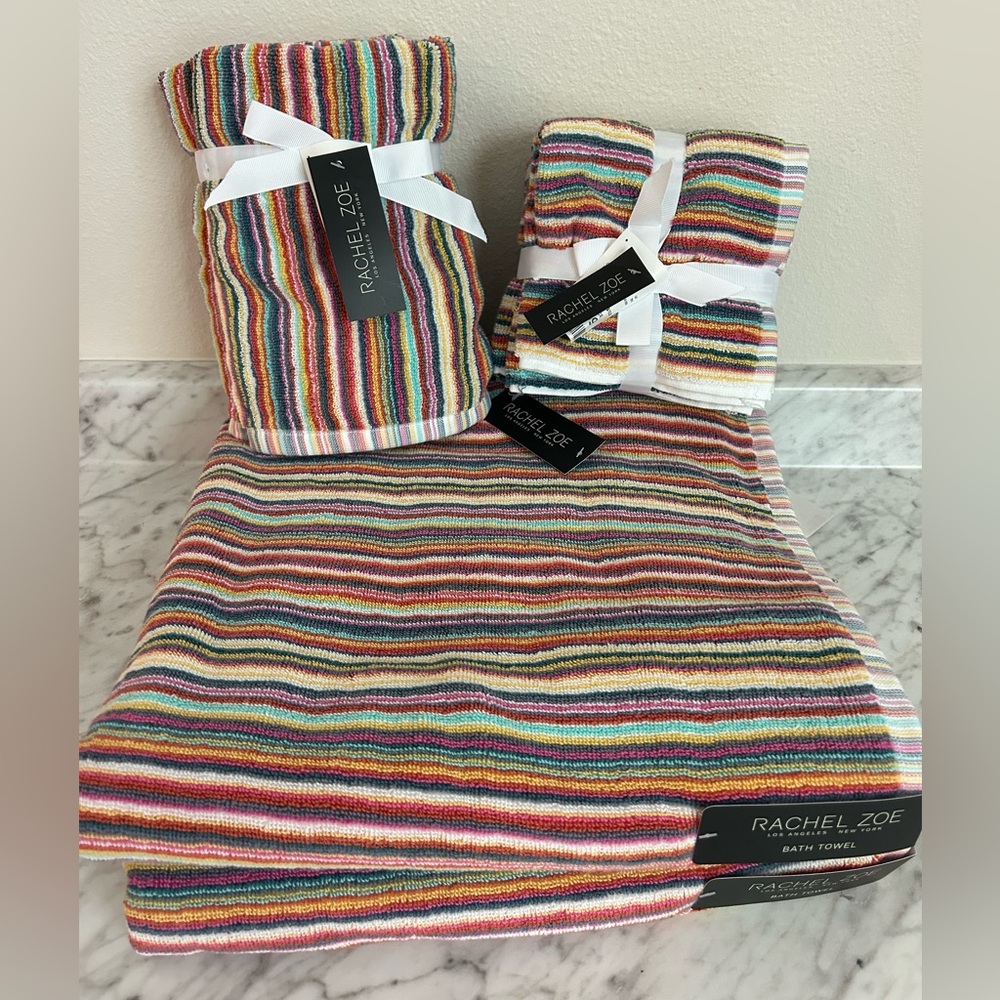 8pc Rachel Zoe Cotton Rainbow Striped Multicolored Bath Hand Washcloth Towel Set